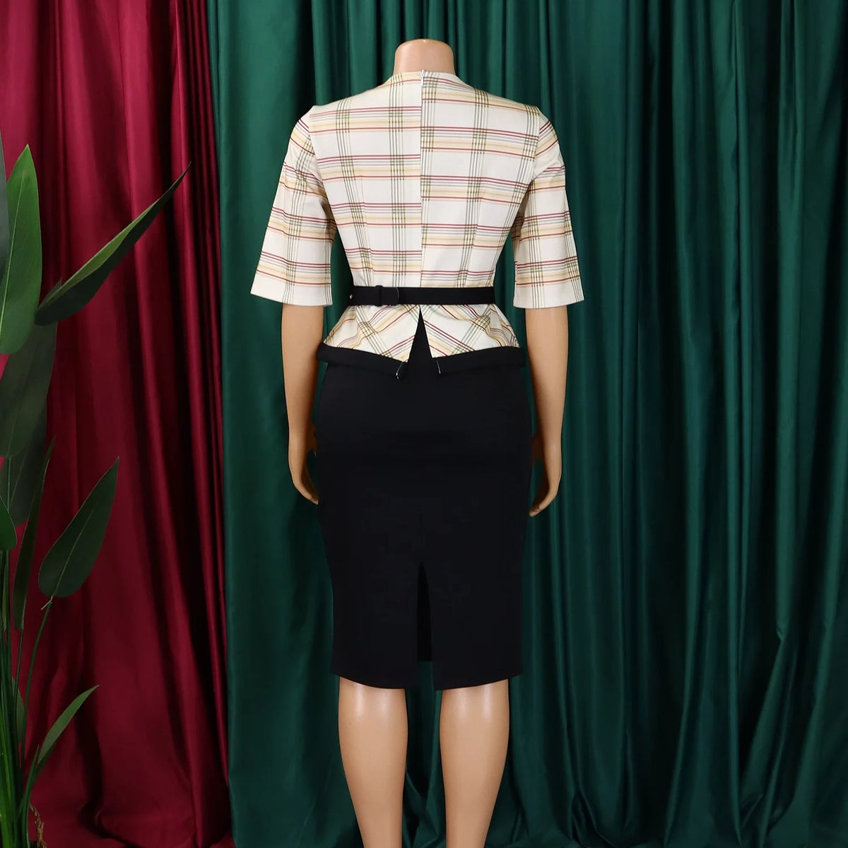 Elegant Office Ladies Dresses for Women O Neck Half Sleeve Plaid Patchwork Sheath Package Hips Female Business Work Wear Dress