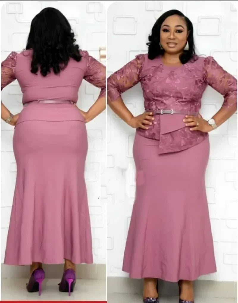 4XL 5XL Plus Size 2025 Christmas Dresses Women O Neck 3/4 Sleeve Long Maxi Dress Fashion Lace Patchwork Night Party Dress