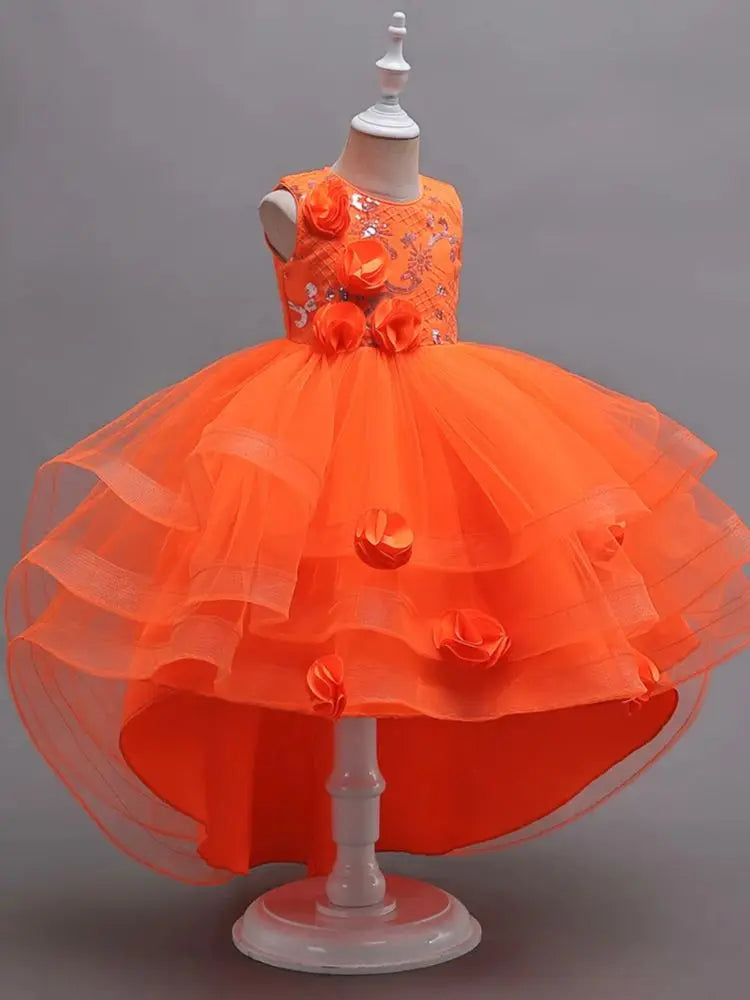New Orange Flower Girl Princess Tail Dress for   3 to 12 Year KID Birthday Party Dresses