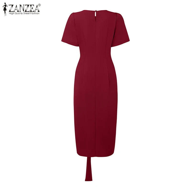 2025 Summer Dress ZANZEA Elegant Women Work OL Dresses Stylish Short Sleeve Slim Fit Party Vestidos Solid Lace Up Sundress Robe