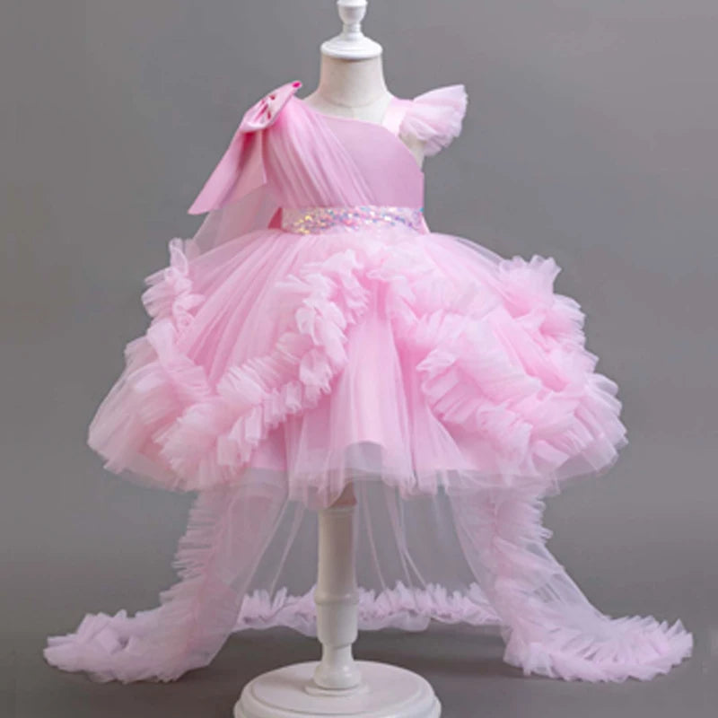 KLFLGD New summer girls party dresses flower girl wedding elegant party dress 2-6 year old girl pink tulle tail dress