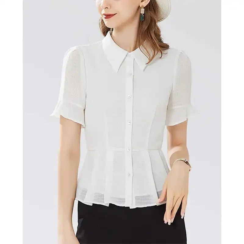 Women's Button Down Blouse Short Ruffle Sleeve Peplum Hem Chiffon Office Casual Top