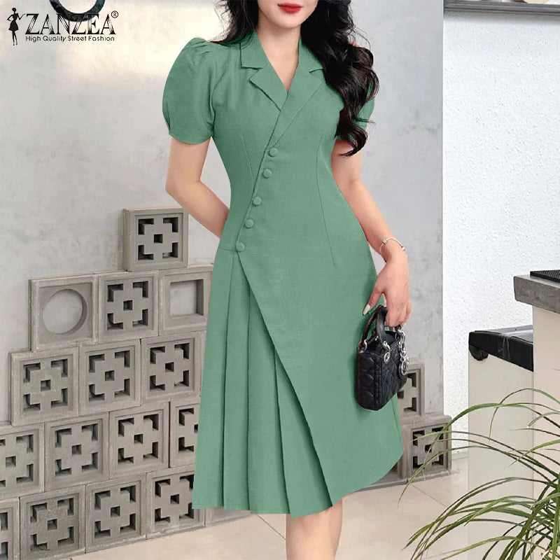 ZANZEA Women OL Work Dress Elegant Knee-Length Suits Sundress Summer 2025 Casual Short Sleeve Vestidos Solid Lapel Neck Robes