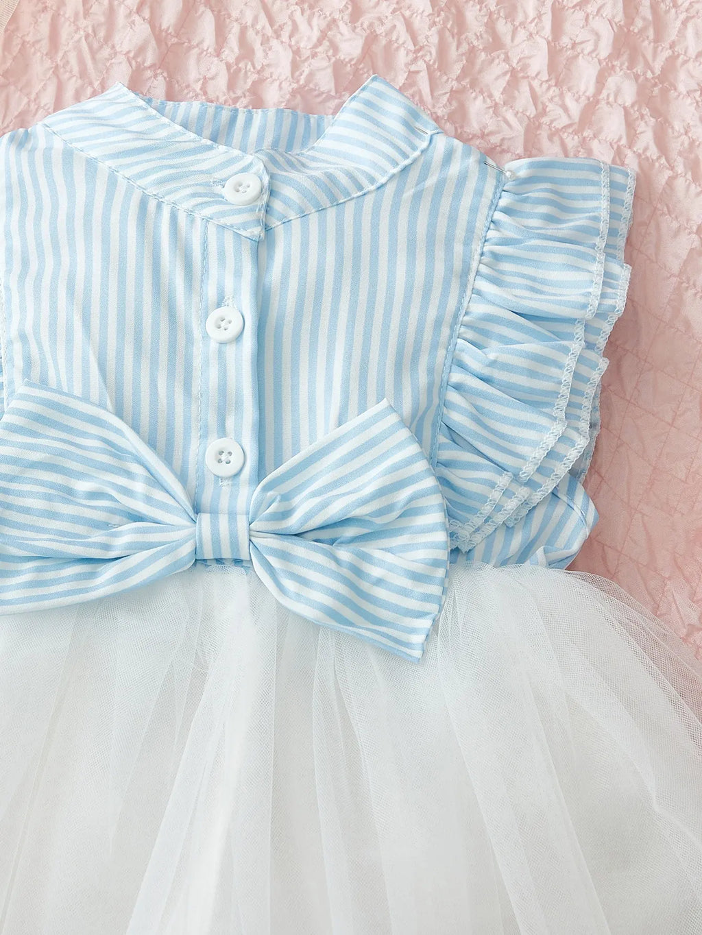 Single piece female baby fashionable, sweet and cute blue and white striped bow decoration spliced mesh dress for summer