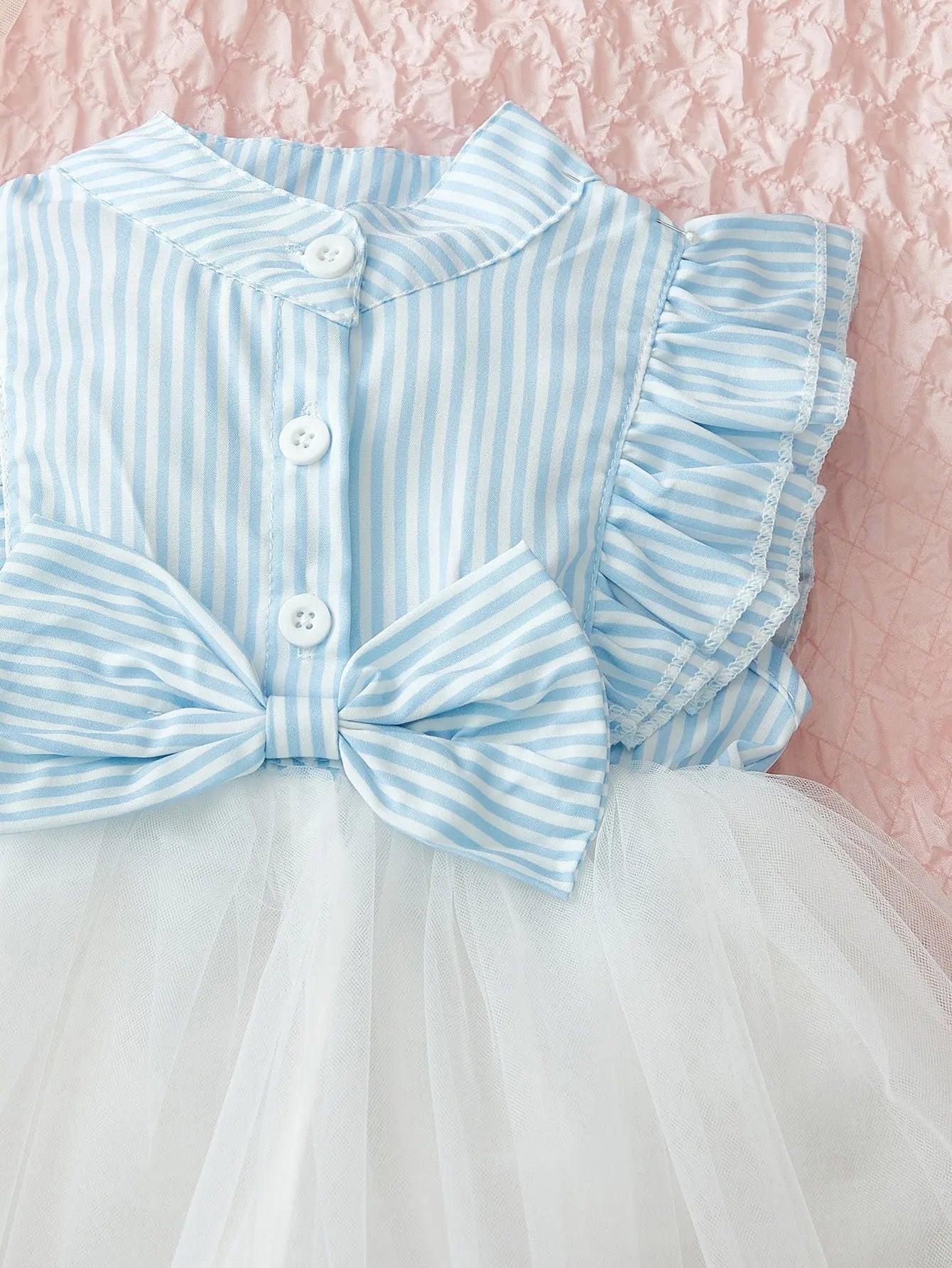 Single piece female baby fashionable, sweet and cute blue and white striped bow decoration spliced mesh dress for summer
