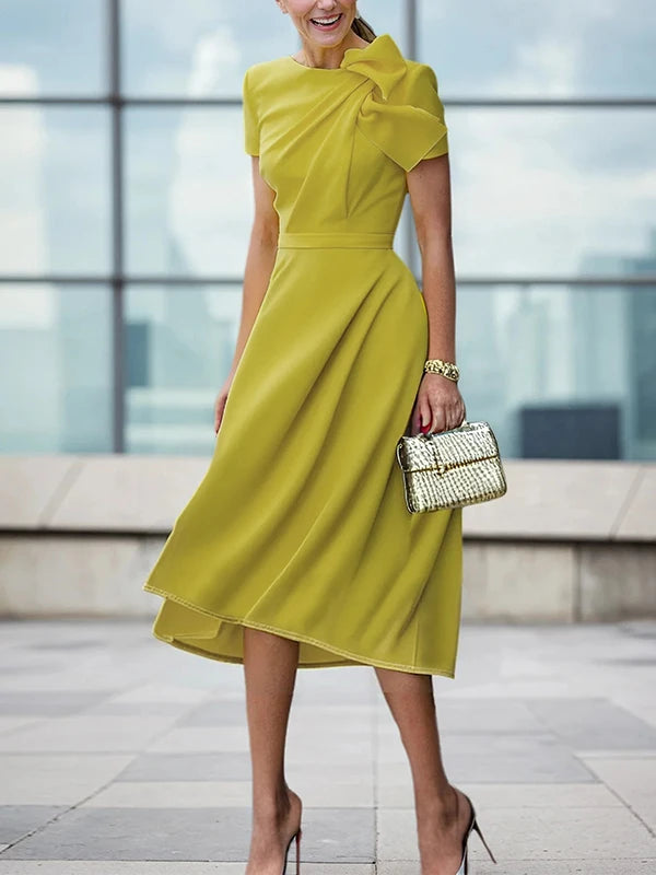 Green Yellow Officewear Dresses for Women 2026 Spring Summer O Neck Short Sleeve Bow High Waist Folds Elegant Midi Dress 182825