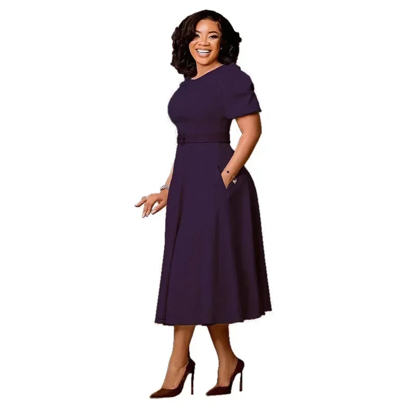 Ladies Office Dresses Women Formal Work O-Neck Puff Sleeve Wrap Waist A-line Dresses with Belt Bodycon Dress African Dresses