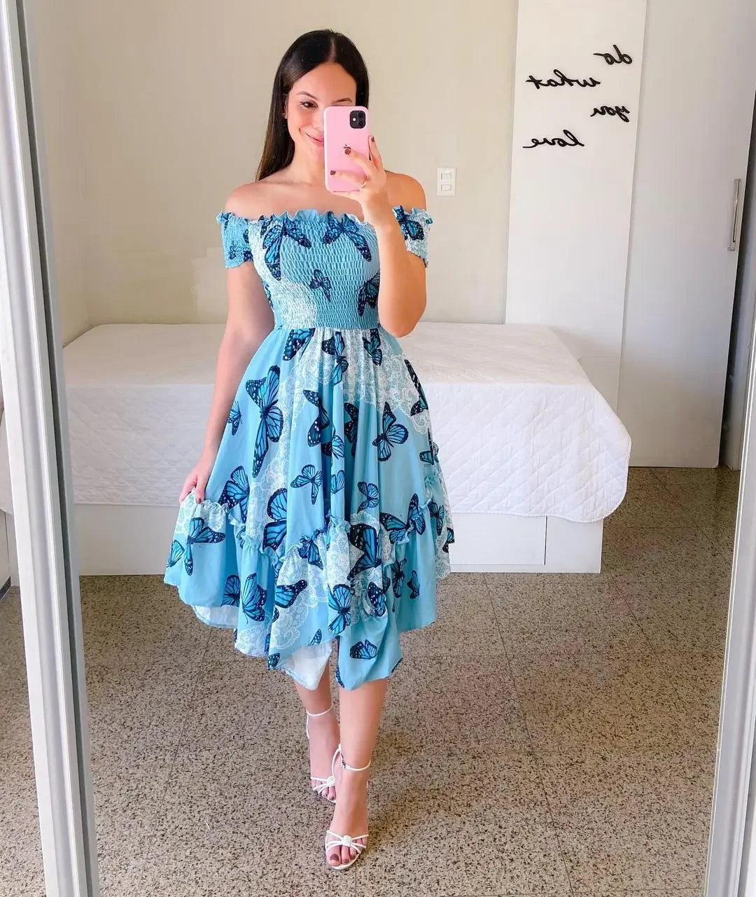 Women's Floral Print Dress, Butterfly Pink, Short Sleeve, Flower Slash Neck, Sexy Boho Elegant Casual Dresses, Summer, 2025