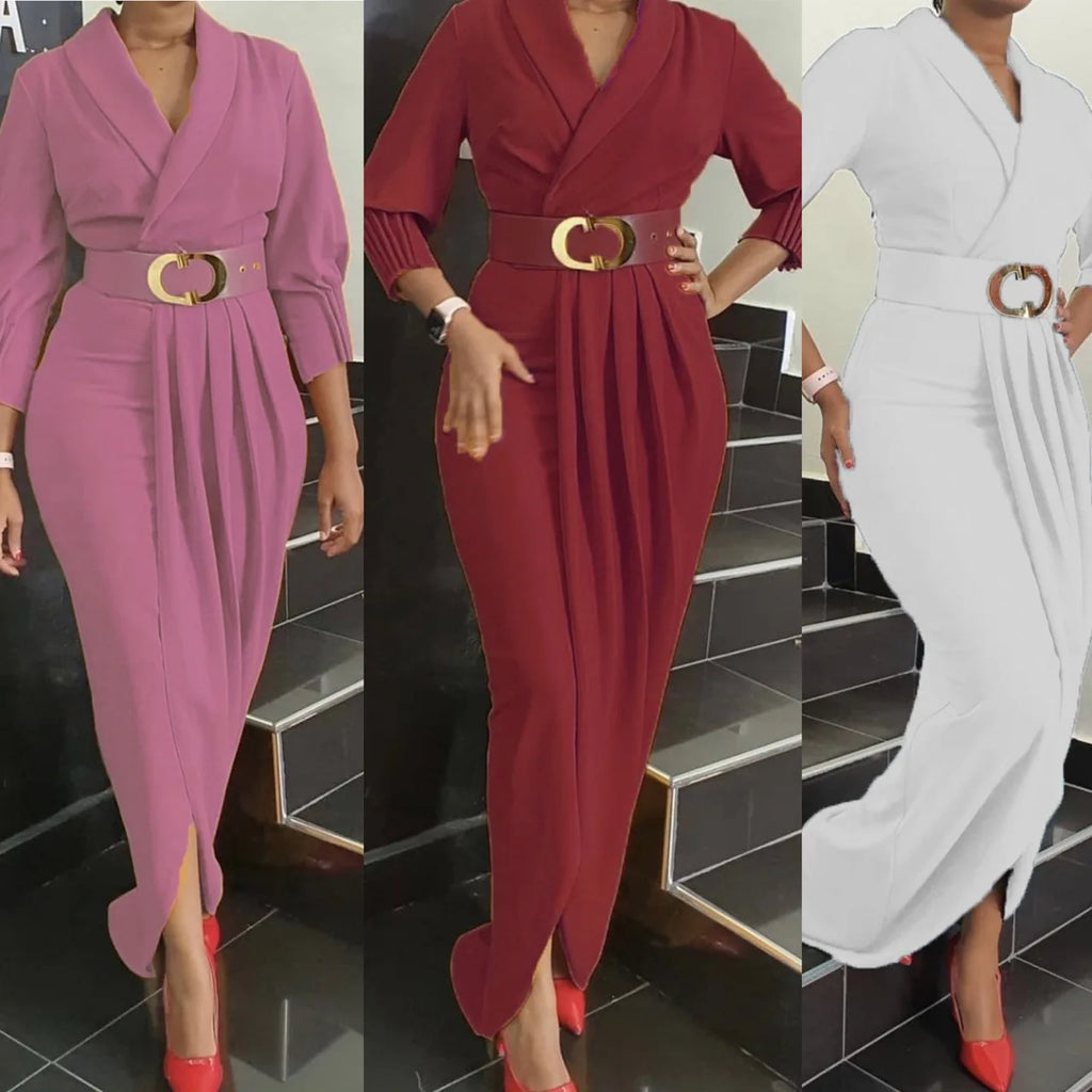 2024Elegant Office Ladies Dresses Women Fall Clothes Plus Size Long Sleeve Slim 3XL Dresses With Belt