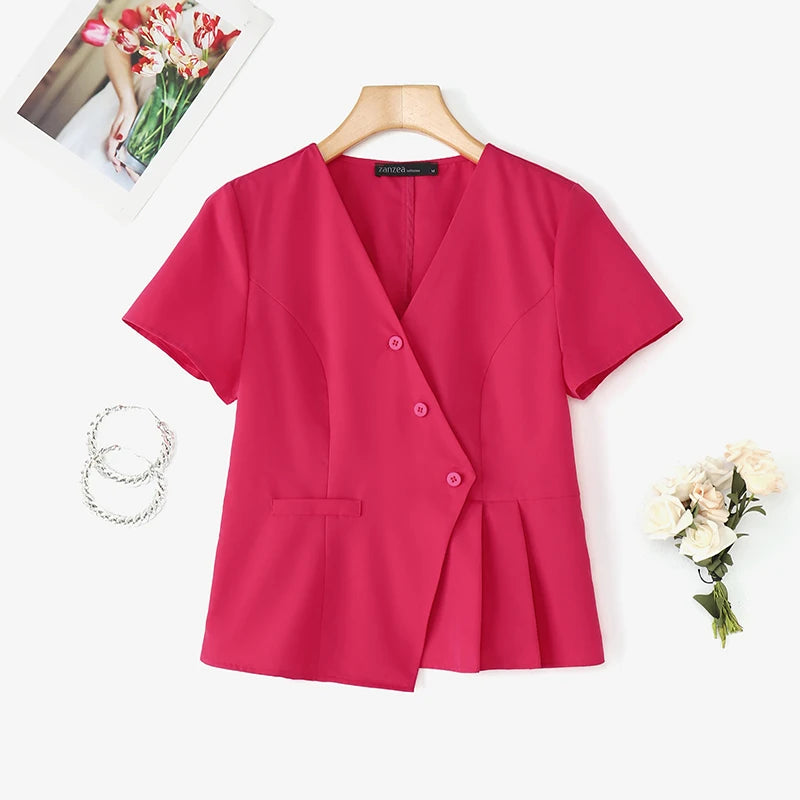 ZANZEA Fashion Shirts Women Elegant Office Tops Casual Short Sleeve Blusas Oversized V Neck Tunic 2025 Solid Color Pullover