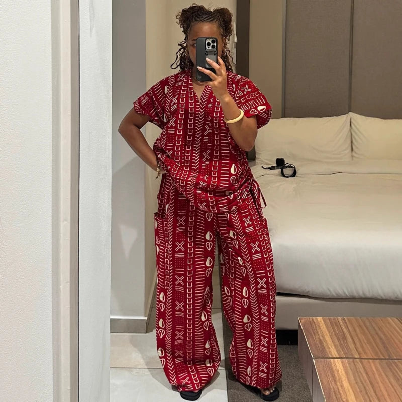New African Fashion Vintage Casual Printed Women Two Piece Set Short Sleeve drawstring Waist and Loose Pants Set Outfits