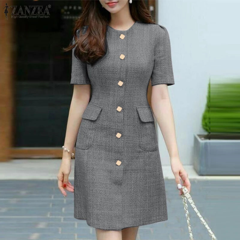 Summer Fashion OL Dress ZANZEA Women O Neck Short Sleeve Sundress Vintage Buttons Up Vestidos Robe Femme Elegant Party Dresses