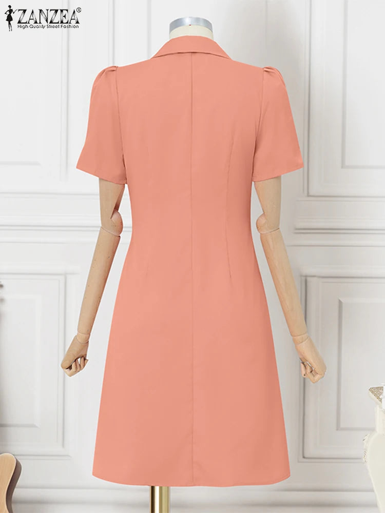 ZANZEA Women OL Work Dress Elegant Knee-Length Suits Sundress Summer 2025 Casual Short Sleeve Vestidos Solid Lapel Neck Robes