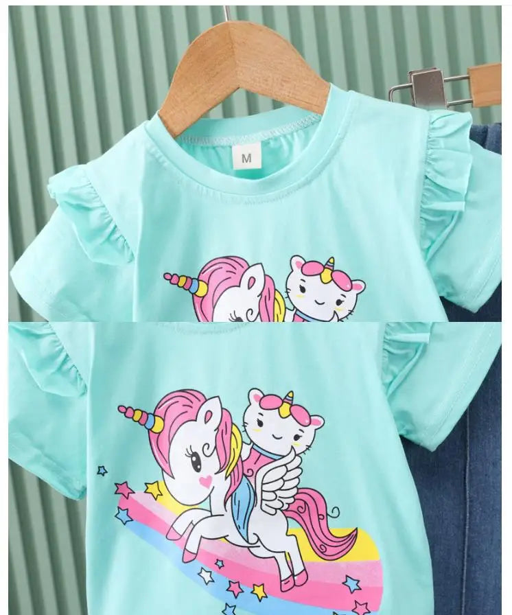 2024 New Children's Set Girls' Summer Cartoon Printed Short Sleeve+Cowboy Pants Infant Fashion Set 0-4 Years Old
