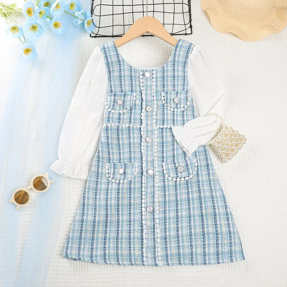 Menoea Girls' Dress 2023 Autumn New Girls' Round Neck Plaid Lace Button Long Sleeve Dress Girls' Fashion Patchwork Dress