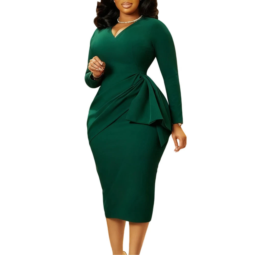 Church Dresses for Women Office Sexy V Neck Long Sleeve Ruched High Waist Sheath Dress 2025 Fall African Work Wear Midi Clothes