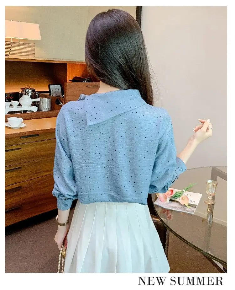 Women's Polka Dot Blouse Asymmetric Collar Long-Sleeve Office Top