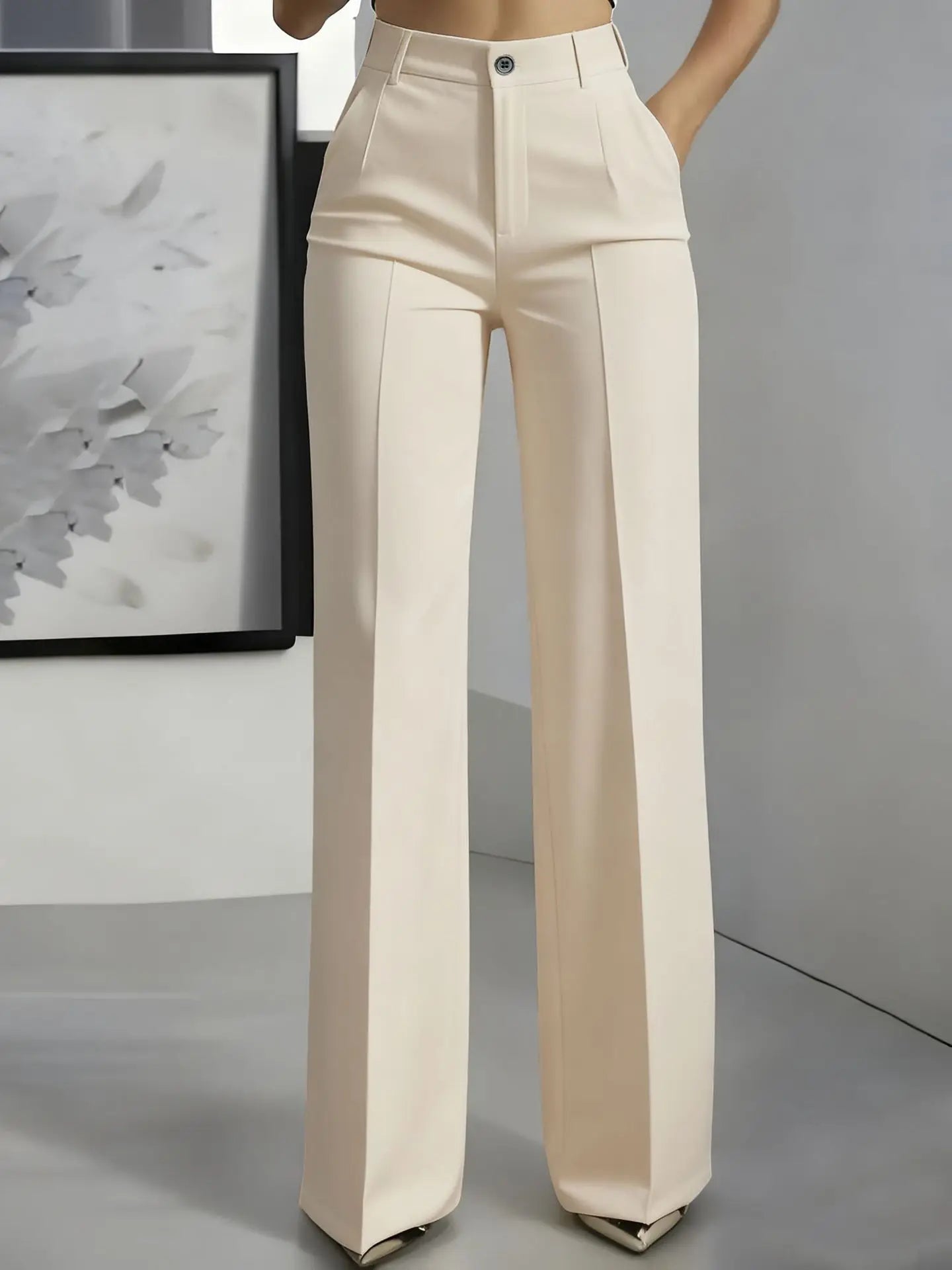 Women's High Waist Dress Pants - Flowy Straight Leg Trousers, Minimalist Office Tailored Pants
