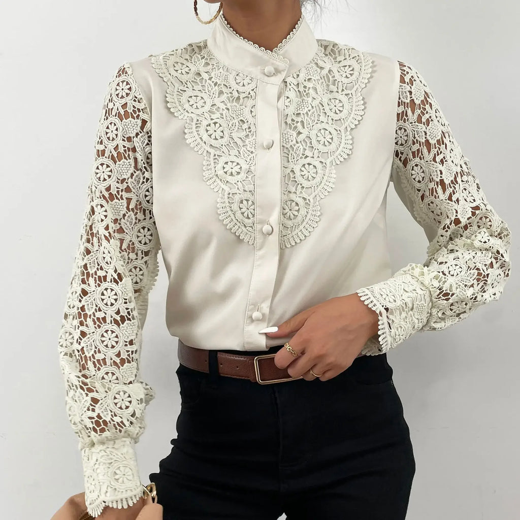 Women's Blouses White Office Spring Casual Button V-neck Long Sleeve Elegant Hook Flower Hollow Shirt For Female