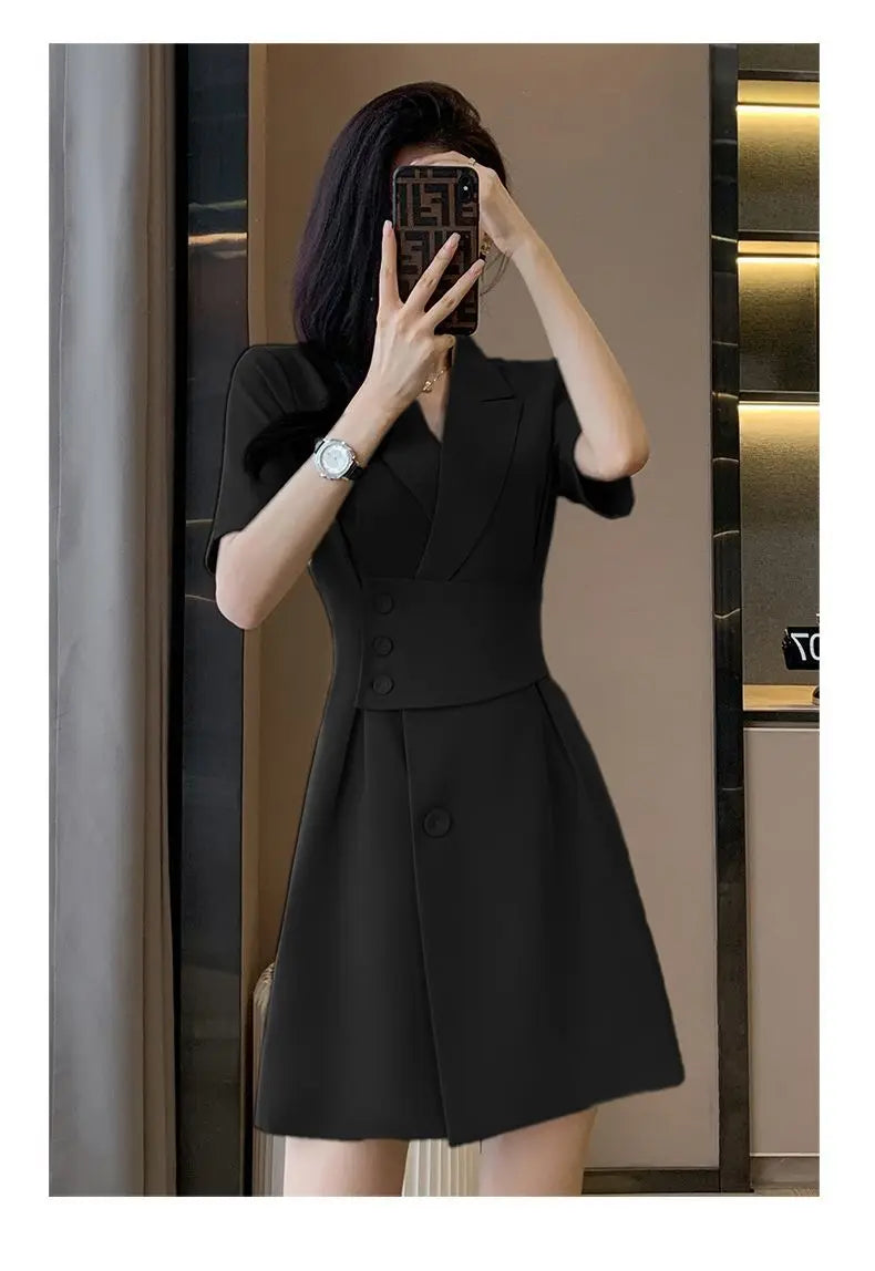 Summer New Office Lady Elegant Fashion Waist Dress Femme Short Sleeve Temperament Solid Robe Vestidos De Fiesta Women's Clothing