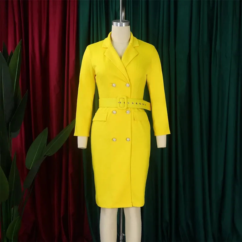 Office Dress Women Elegant Notched Collar Full Sleeve Belt Waisted Double Breasted Package Hips Mid Calf Formal Work Dress Midi