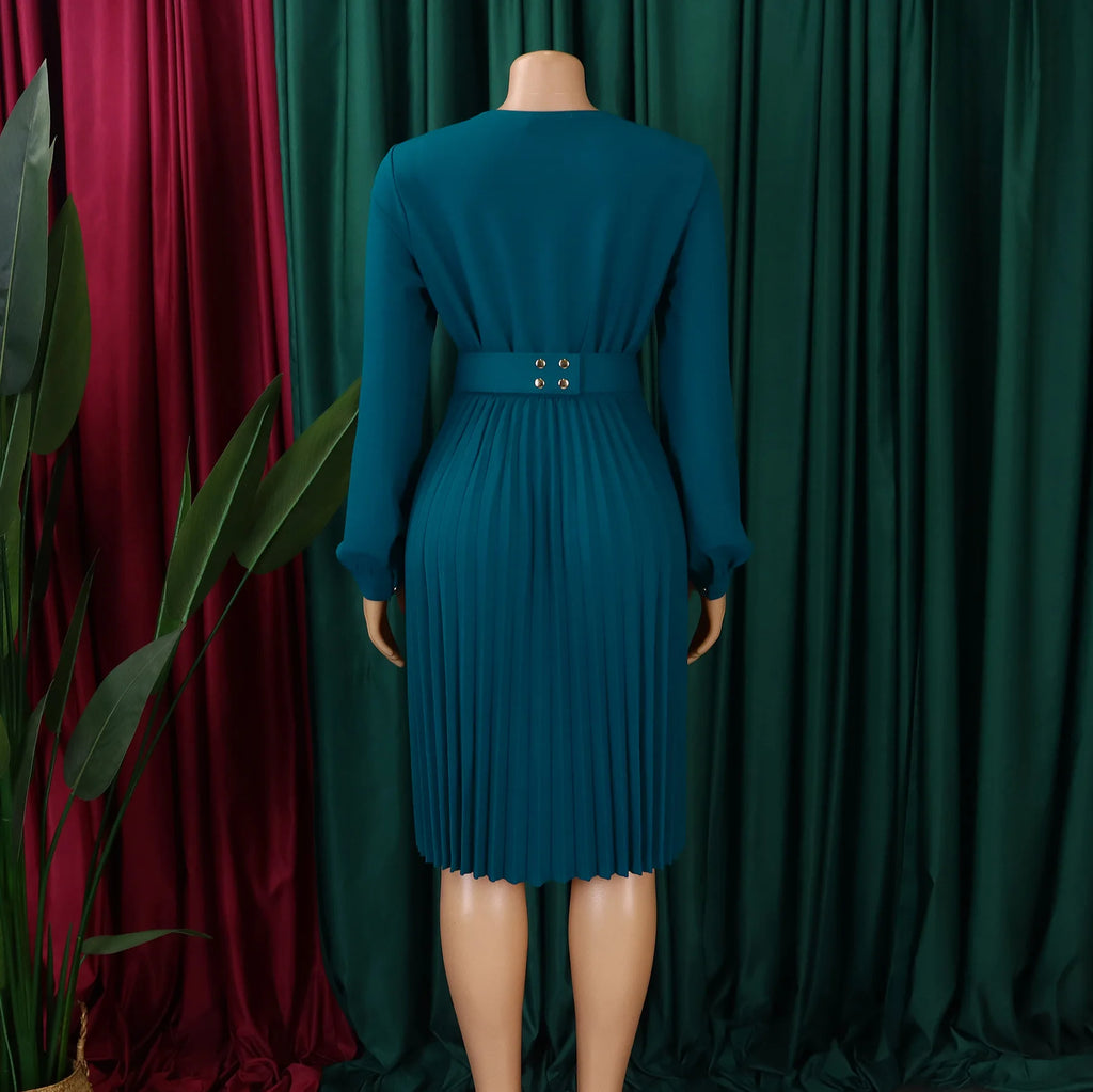 Summer New V-neck Elegant Solid Color Pleated Dress Fashionable Casual Knee-Length Women's Dress