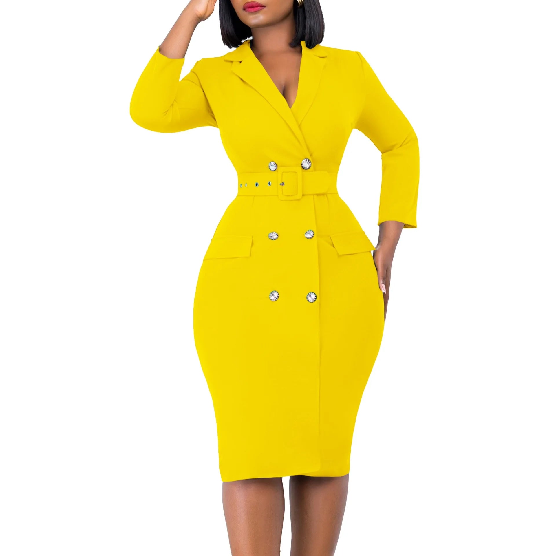 Office Dress Women Elegant Notched Collar Full Sleeve Belt Waisted Double Breasted Package Hips Mid Calf Formal Work Dress Midi