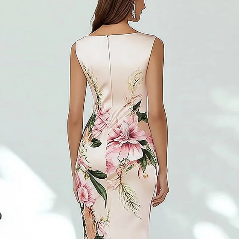 Summer Sleeveless Back Zipper Holiday Dress Fashion Floral Printed Slim Bodycon Party Dress Woman Elegant V Neck Commute Dresses