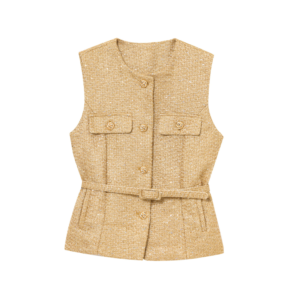 HH Women Fashion Tweed Belt Waistcoat O Neck Single Breasted Sleeveless Vests Spring Summer Office Lady Outerwear Chic Tops