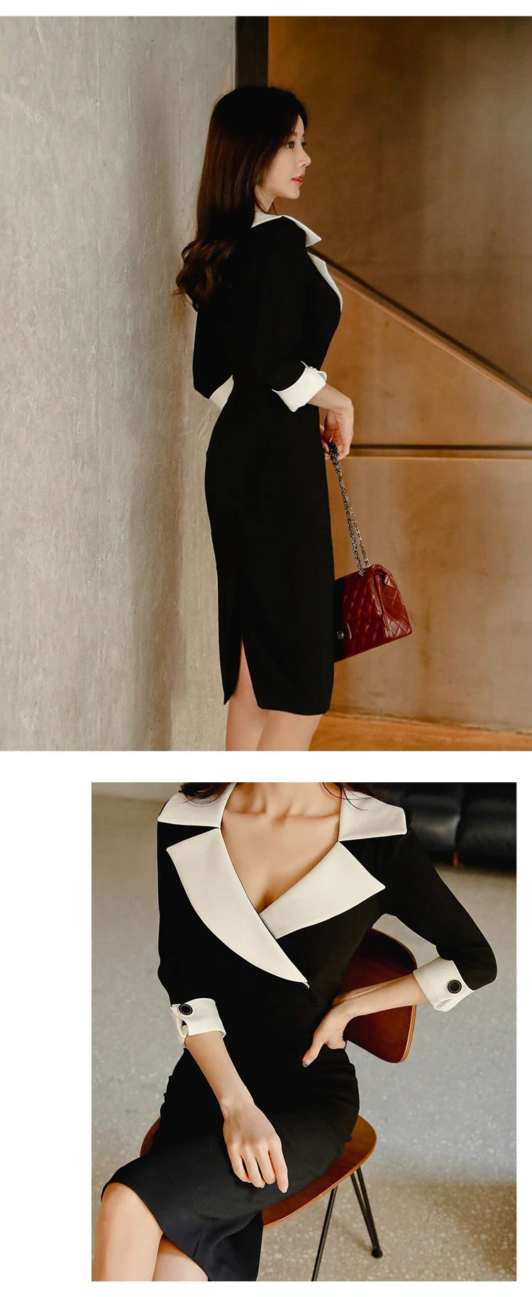 New Fashion Elegant Office Lady Women Dress Sexy Retro Casual Turn-Down Collar Black Formal Slim Midi Party Pencil Femme Vestido