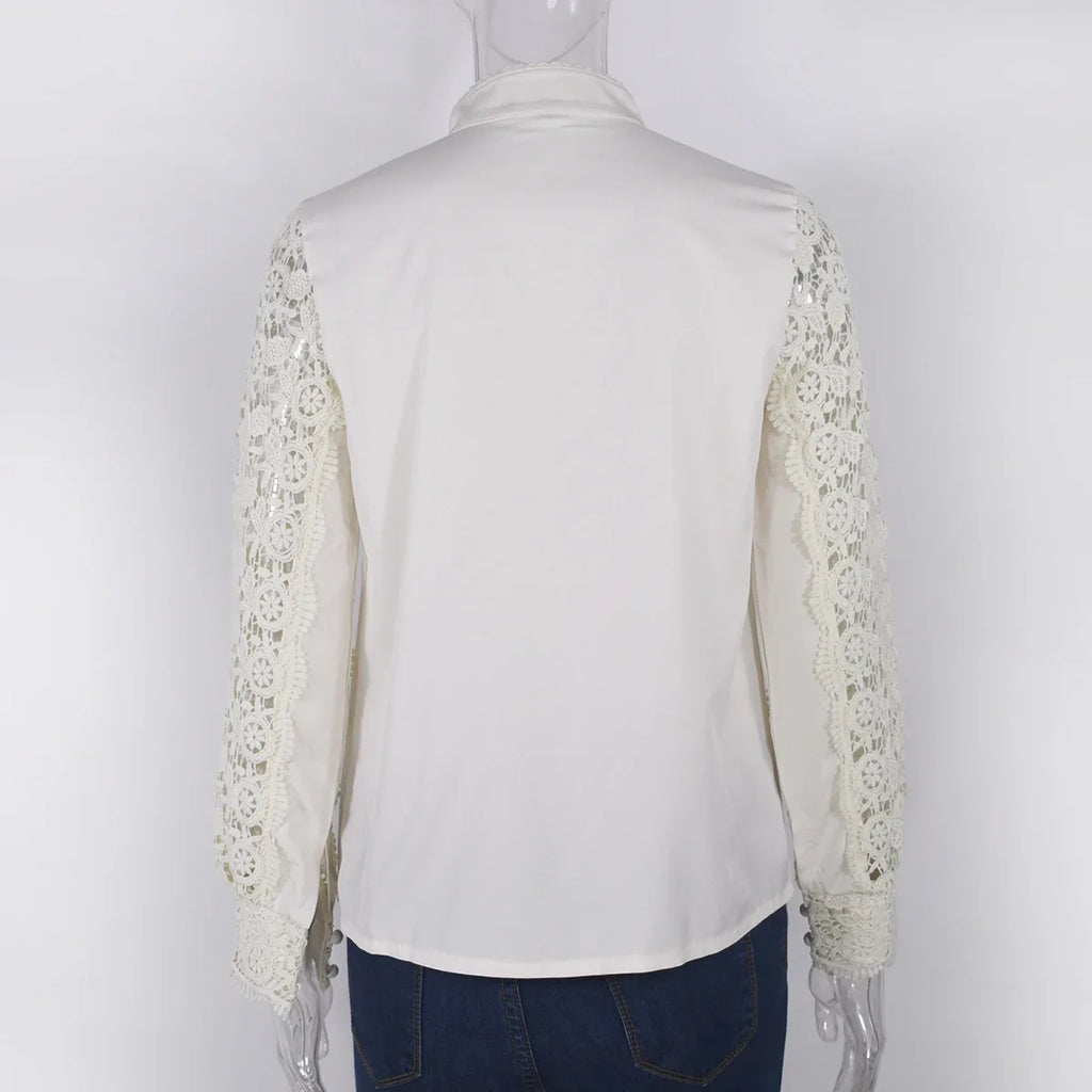 Women's Blouses White Office Spring Casual Button V-neck Long Sleeve Elegant Hook Flower Hollow Shirt For Female