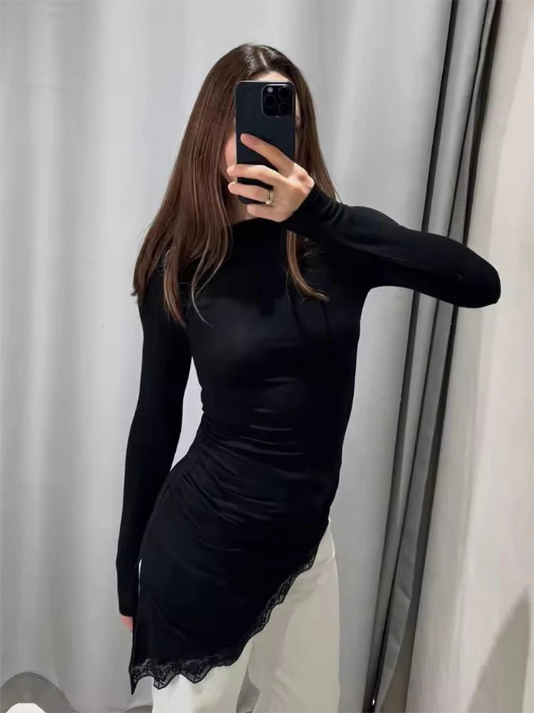 Women's T-Shirts Spring Autumn Fashion Lace Hem T Shirts for Women Asymmetry Streetwear Long Sleeve Slim Casual Tops
