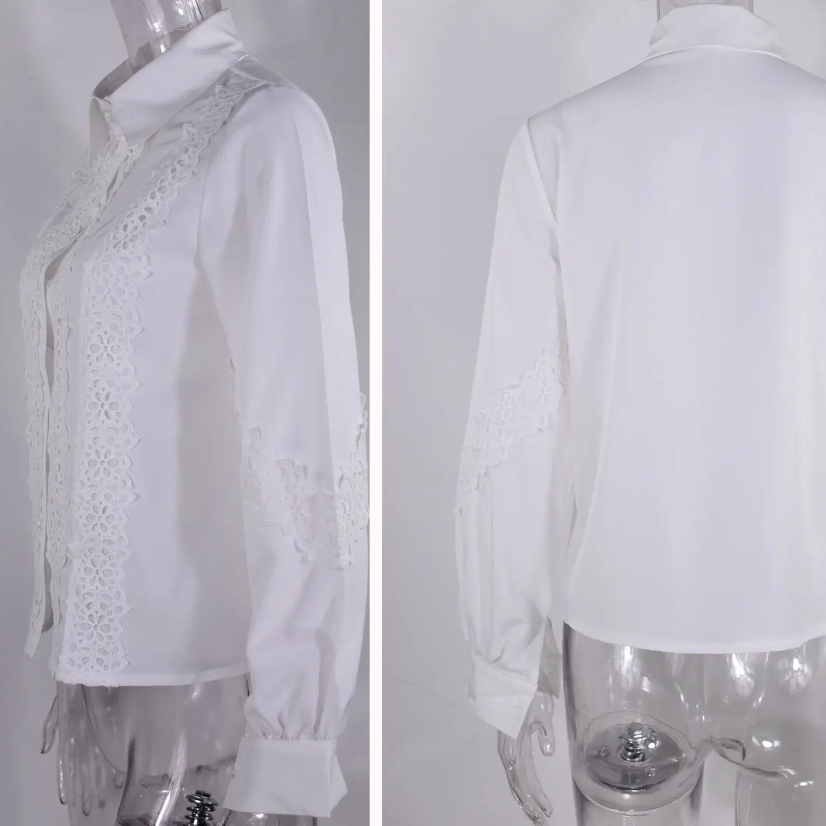 Women's Blouses White Office Spring Casual Button V-neck Long Sleeve Elegant Hook Flower Hollow Shirt For Female