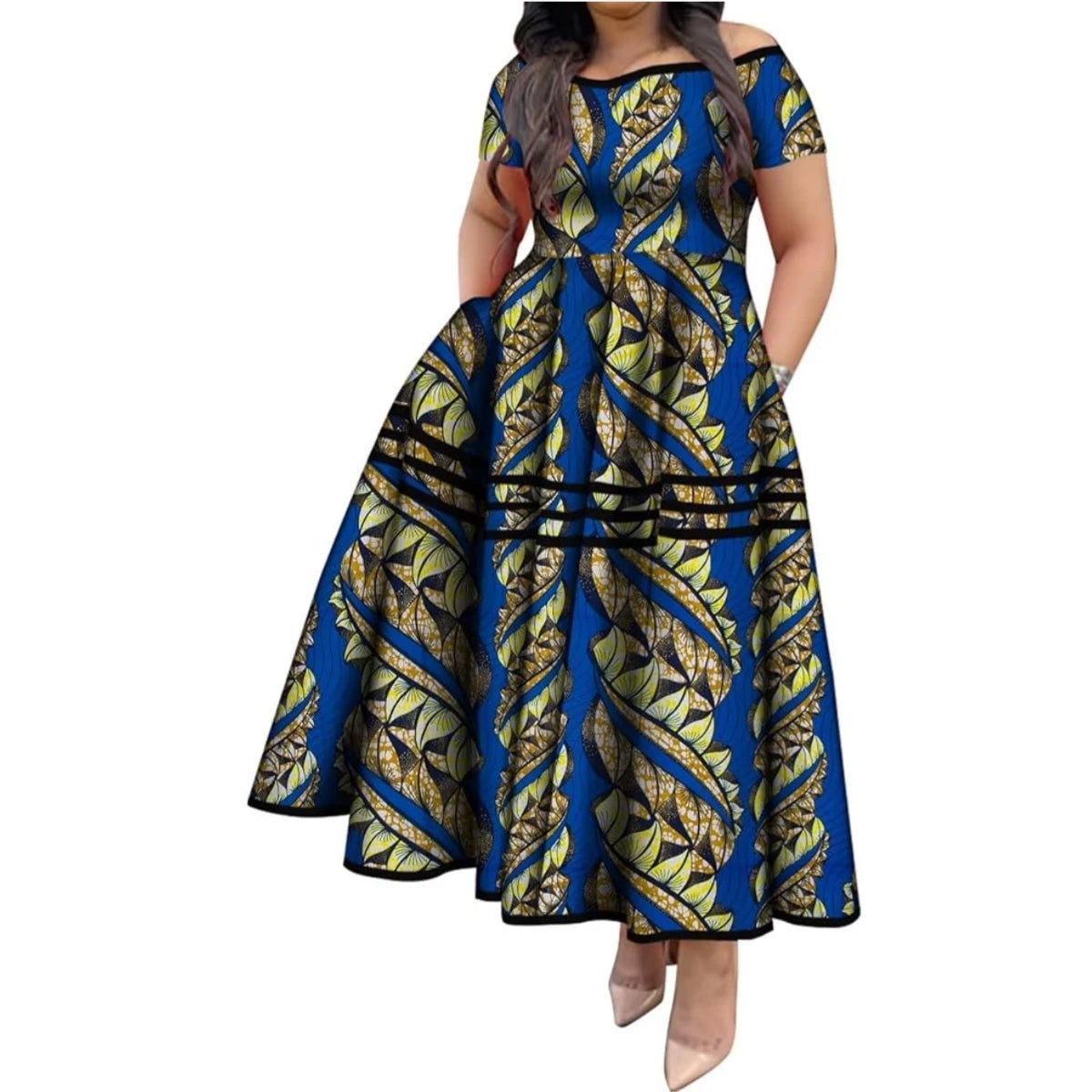BintaRealWax African Dresses for Women Elegant African Print Short Sleeve High Waist Maxi Dress Africa Clothing WY3629