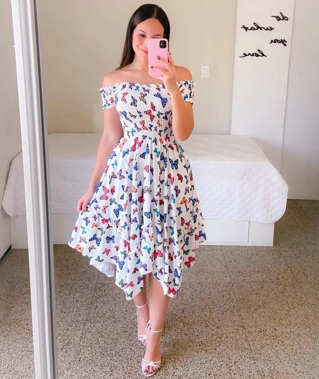 Women's Floral Print Dress, Butterfly Pink, Short Sleeve, Flower Slash Neck, Sexy Boho Elegant Casual Dresses, Summer, 2025