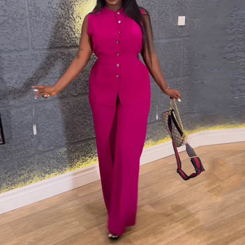 Women Wide Leg Pant Sets Two Piece Set Black Shirt Top & Cuffed Pants Set Suit Loose O Neck High Waist Elegant Trousers Suits