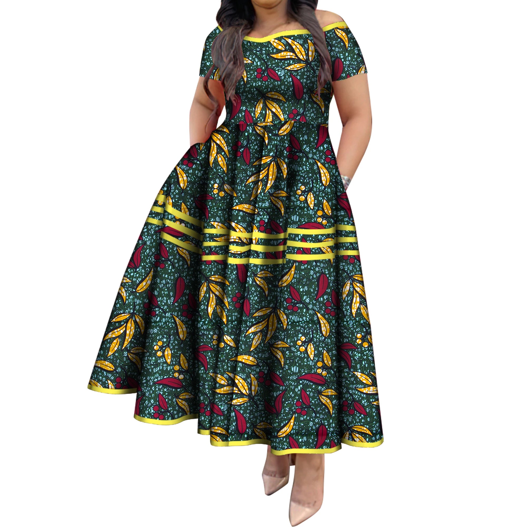 BintaRealWax African Dresses for Women Elegant African Print Short Sleeve High Waist Maxi Dress Africa Clothing WY3629