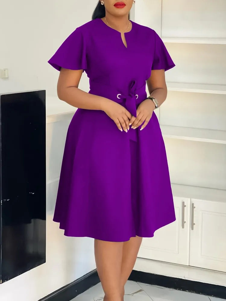 Plus Size Spring Summer New Solid Color Matching V-Neck Short Sleeves Fashion Commuting Slim Fit Midi Length Elegant Style Dress