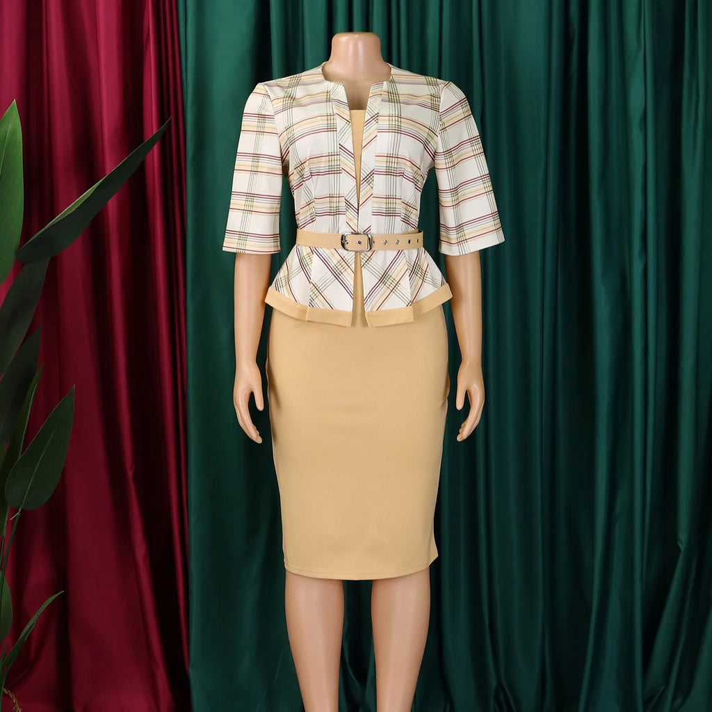 Elegant Office Ladies Dresses for Women O Neck Half Sleeve Plaid Patchwork Sheath Package Hips Female Business Work Wear Dress