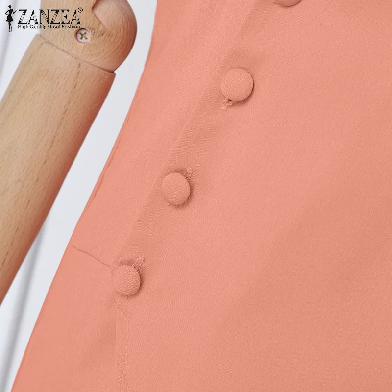 ZANZEA Women OL Work Dress Elegant Knee-Length Suits Sundress Summer 2025 Casual Short Sleeve Vestidos Solid Lapel Neck Robes