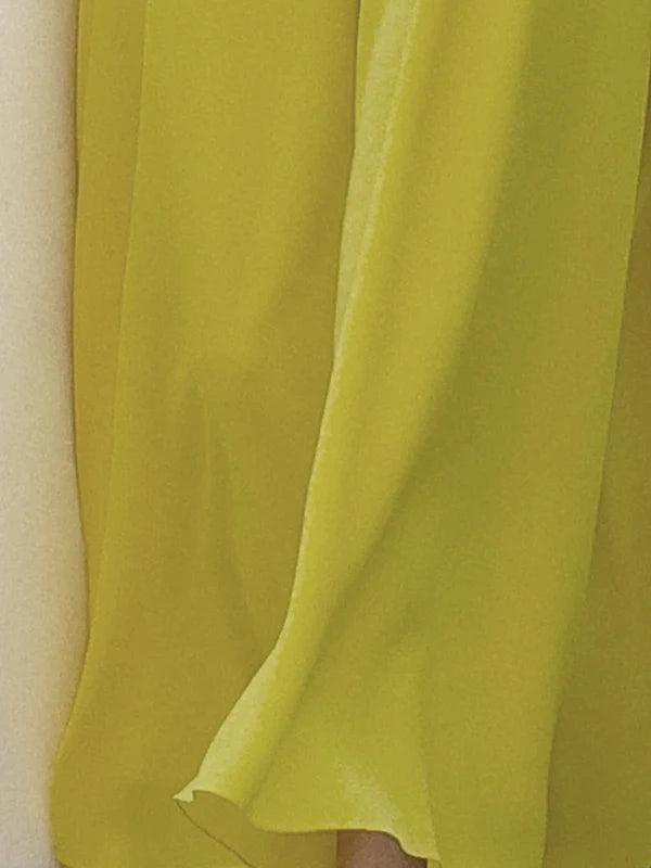 Green Yellow Officewear Dresses for Women 2026 Spring Summer O Neck Short Sleeve Bow High Waist Folds Elegant Midi Dress 182825