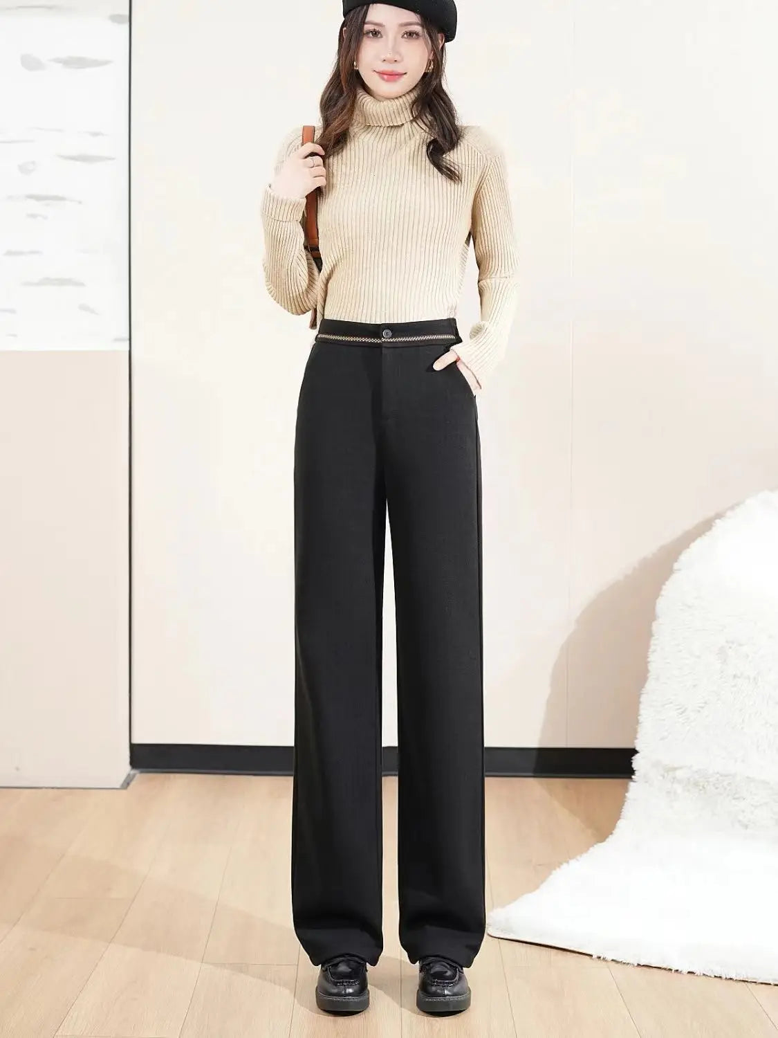 Fashion Office Lady Autumn Winter New Woolen Pants Women Solid Pockets Elastic High Waist Plus Velvet Straight Wide Leg Trousers