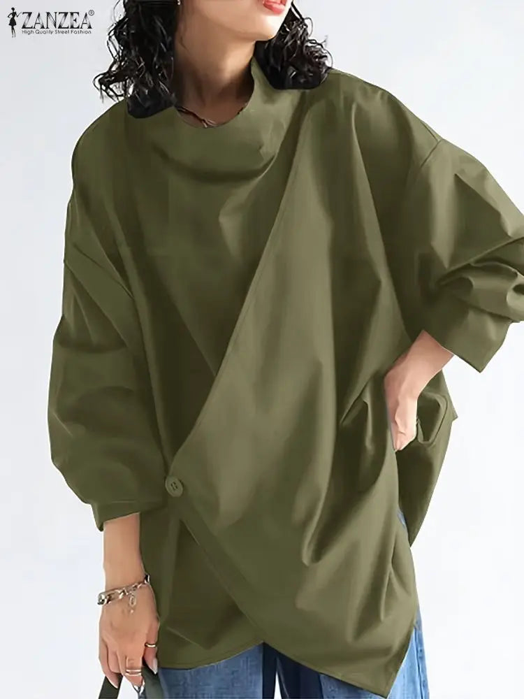 2025 Stylish Long Sleeve Office Blouses ZANZEA Women Autumn Turtleneck Tops Elegant Solid Shirt Irregular Blusas Female Mujer