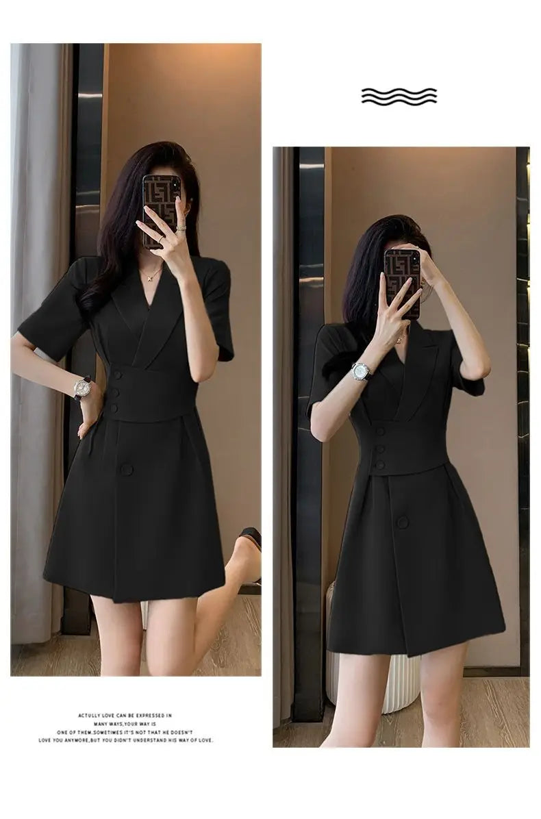 Summer New Office Lady Elegant Fashion Waist Dress Femme Short Sleeve Temperament Solid Robe Vestidos De Fiesta Women's Clothing