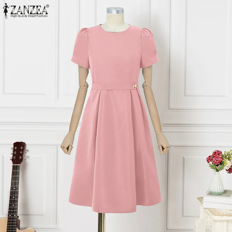 ZANZEA Office Women Dresses 2025 Fashion Summer Dress Elegant O Neck Short Sleeve Work Midi Vestido Stylish Solid Party Sundress