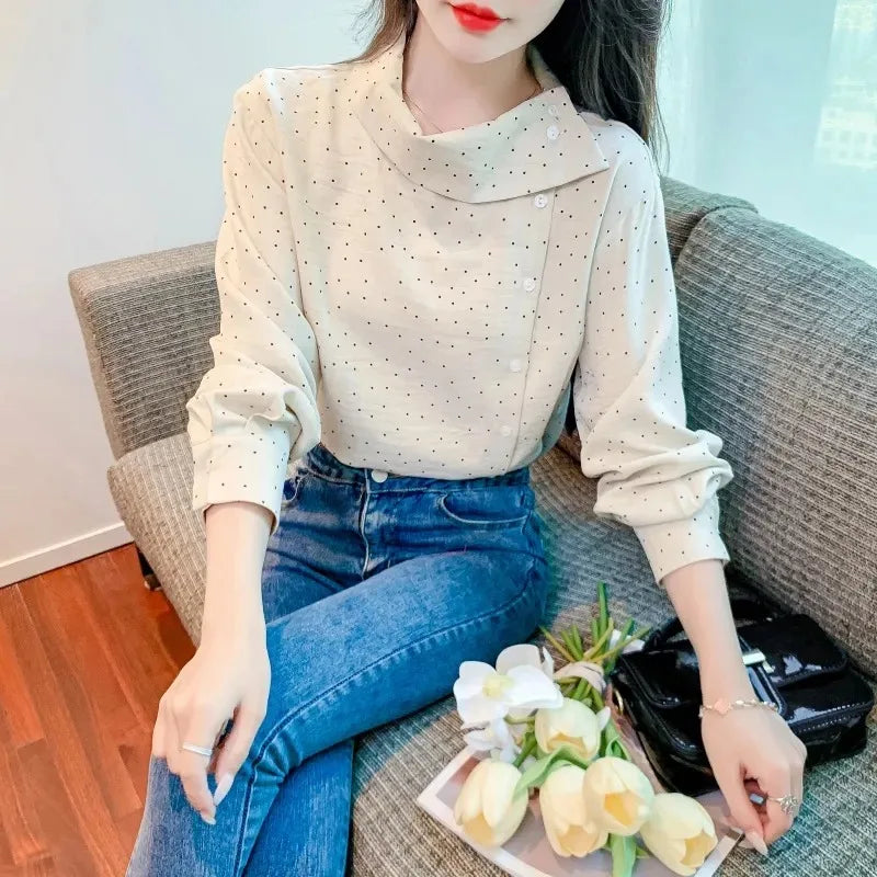 Women's Polka Dot Blouse Asymmetric Collar Long-Sleeve Office Top