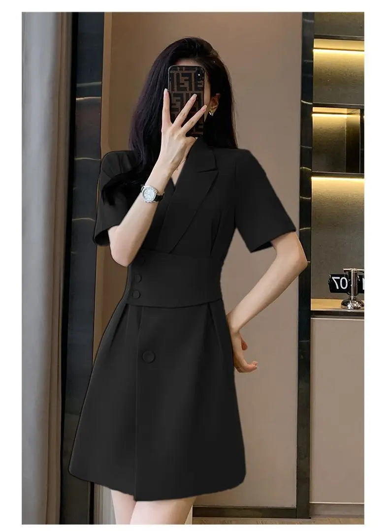 Summer New Office Lady Elegant Fashion Waist Dress Femme Short Sleeve Temperament Solid Robe Vestidos De Fiesta Women's Clothing