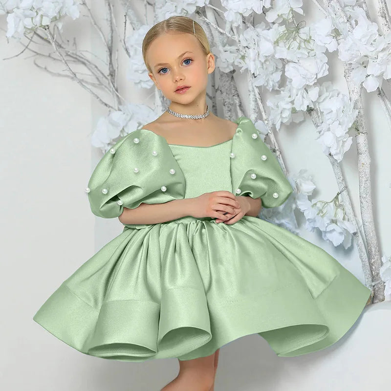 Kids Puffy Dress Pearl Decorated Girl Princess Dress Birthday Elegant Girls Party Dresses Children's Solid Bridesmaid Costume