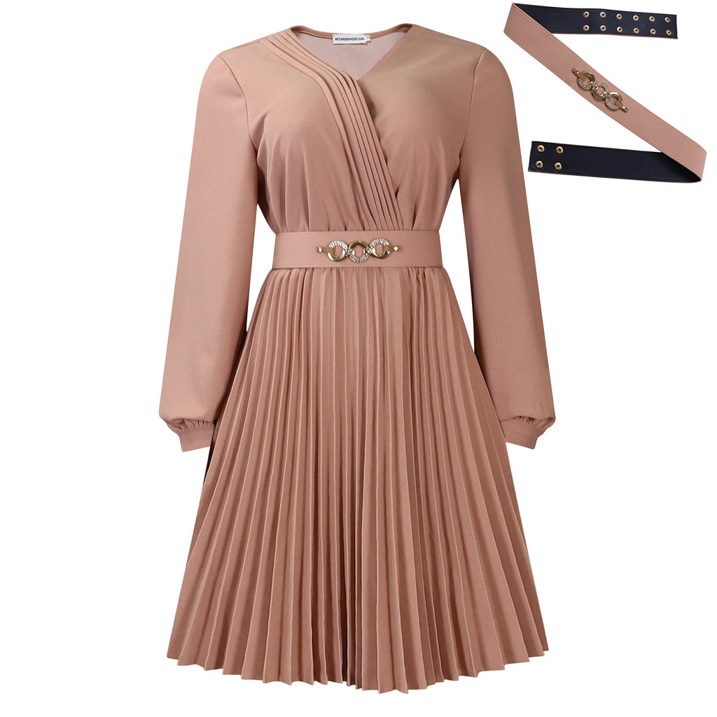 Summer New V-neck Elegant Solid Color Pleated Dress Fashionable Casual Knee-Length Women's Dress