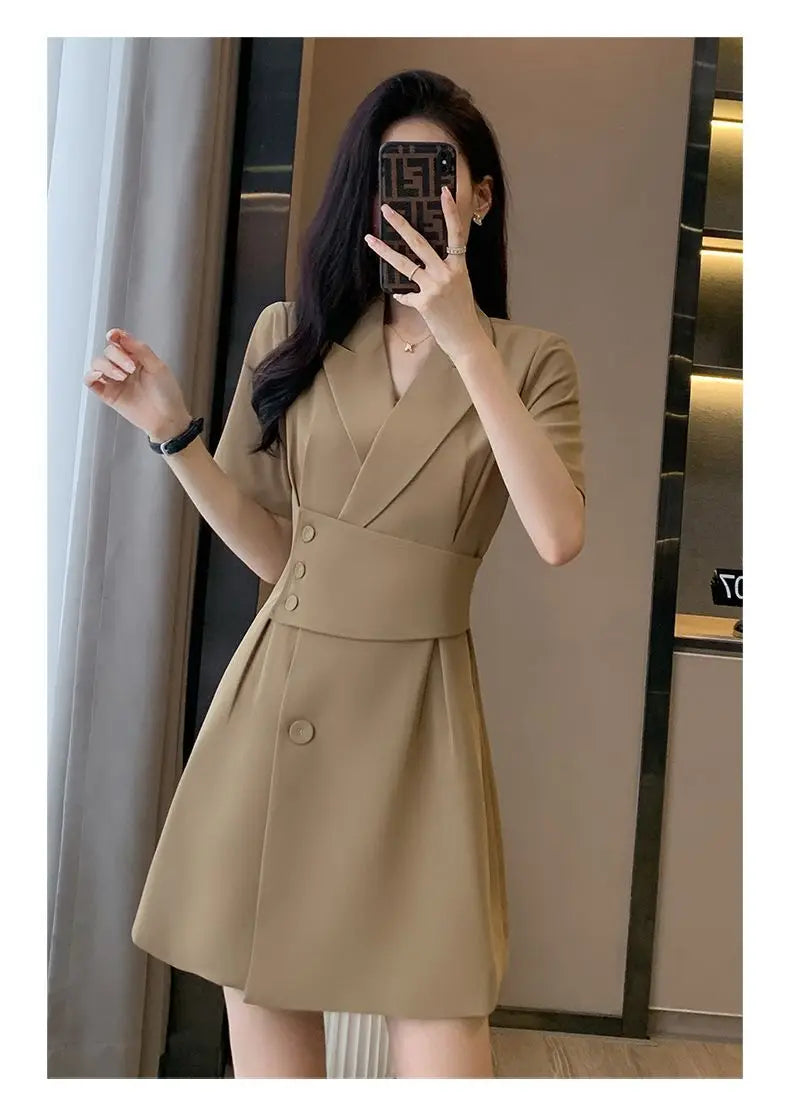 Summer New Office Lady Elegant Fashion Waist Dress Femme Short Sleeve Temperament Solid Robe Vestidos De Fiesta Women's Clothing